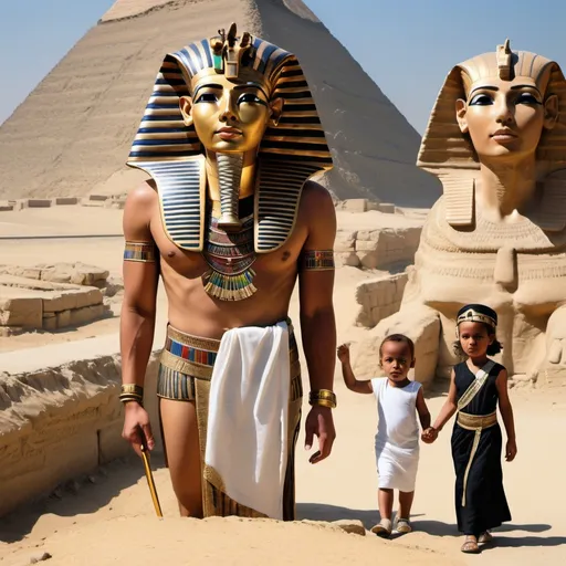 Prompt: The boy king Tutunkhamun and his queen Ankhsuamun at the pyramids and sphinx, escorted by officials, super realism 
Esther  renditions