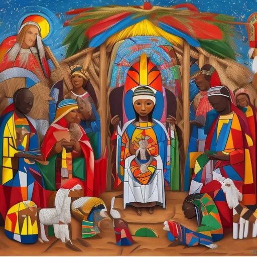 Prompt: Nativity masterpieces, Esther Mahlangu renditions super realism