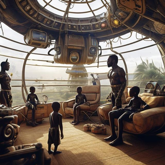 Prompt: A Zulu men with his children inside an airship Zulu hut house, in a future times, with Zulu design ai and AGI robots, they are looking outside the large Windows of the 27 storey flat watching flying  car's traffic through tall buildings, futuristic earth scenes super realism masterpieces, utopia year 2035