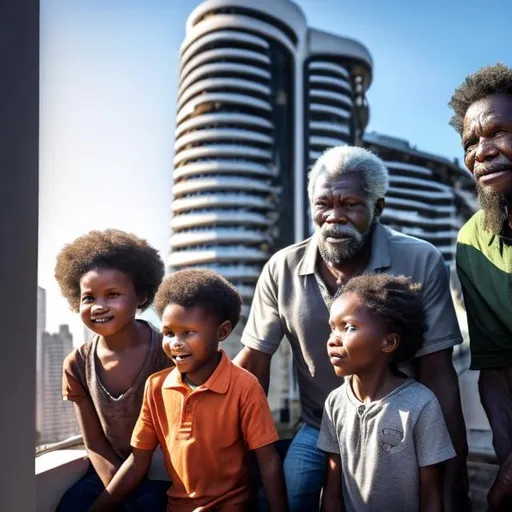 Prompt: A middle aged Zulu men with his grand children in a future times, they are looking outside the large Windows of the 27 storey flat, watching flying drone car's through tall buildings, futuristic scenes super realism masterpieces, utopia year 2035