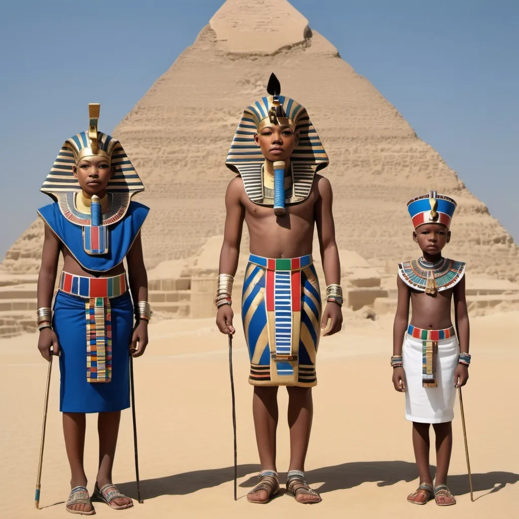 Prompt: The boy king Tutunkhamun and his queen Ankhsuamun at the pyramids and sphinx, escorted by officials, super realism 
Esther Mahlangu renditions