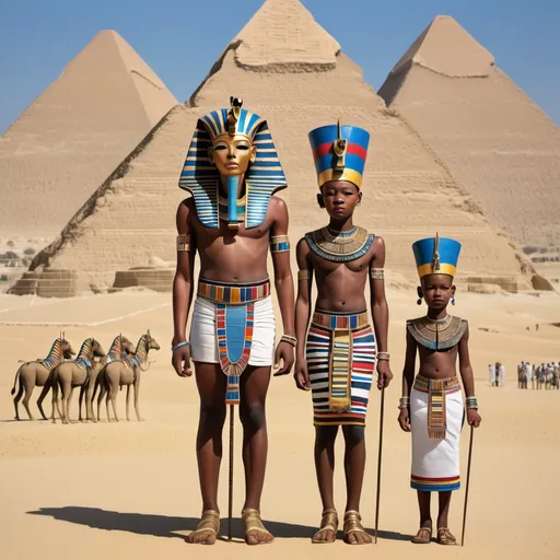 Prompt: The boy king Tutunkhamun and his queen Ankhsuamun at the pyramids and sphinx, escorted by officials, super realism 
Esther Mahlangu renditions
