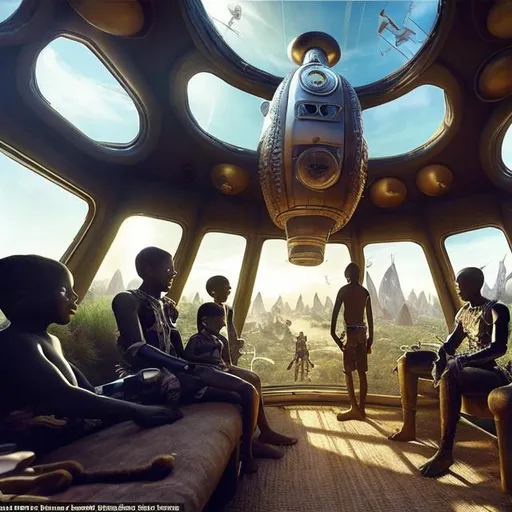 Prompt: A Zulu men with his children inside an airship Zulu hut house, in a future times, with Zulu design ai and AGI robots, they are looking outside the large Windows of the 27 storey flat watching flying  car's traffic through tall buildings, futuristic earth civilization  scenes super realism masterpieces, utopia year 2035