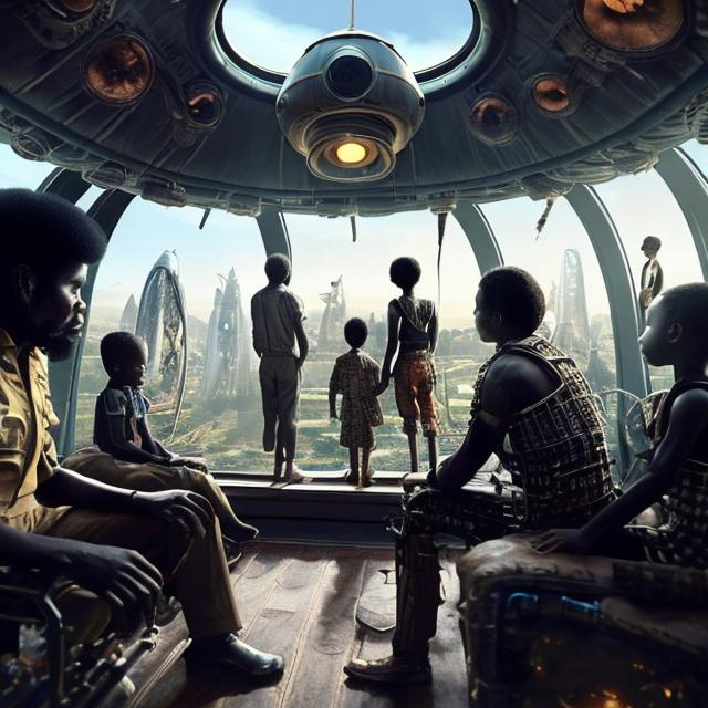 Prompt: A Zulu men with his children in different situation setting, inside an airship Zulu hut house, in a future times, with Zulu design ai and AGI robots, they are looking outside the large Windows of the 27 storey flat watching flying  car's traffic through tall buildings, futuristic earth civilization  scenes super realism masterpieces, utopia year 2035