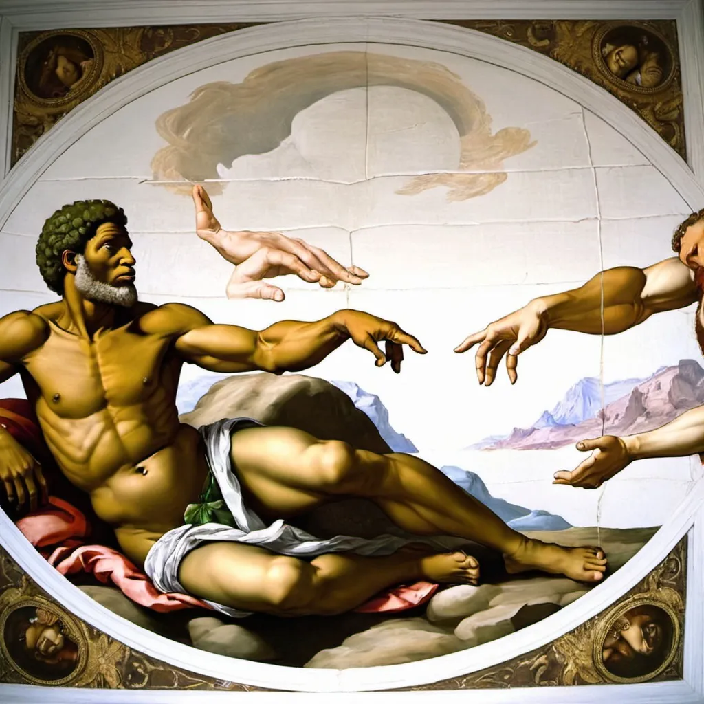 Prompt: Michael Angelo, The Creation of Adam,
 super realism Zulu renditions