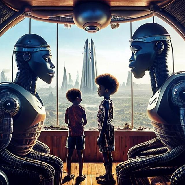 Prompt: A Zulu men with his children inside an airship Zulu hut house, in a future times, with Zulu design ai and AGI robots, they are looking outside the large Windows of the 27 storey flat watching flying  car's traffic through tall buildings, futuristic earth scenes super realism masterpieces, utopia year 2035