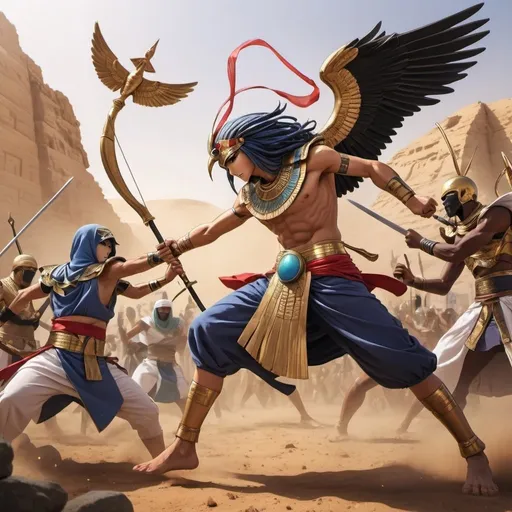 Prompt: Anime  characters in an epic battle scenes fighting enemies, Egyptian renditions