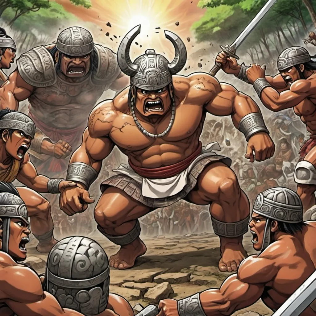 Prompt: Manga Anime epic battle scenes, Olmec renditions