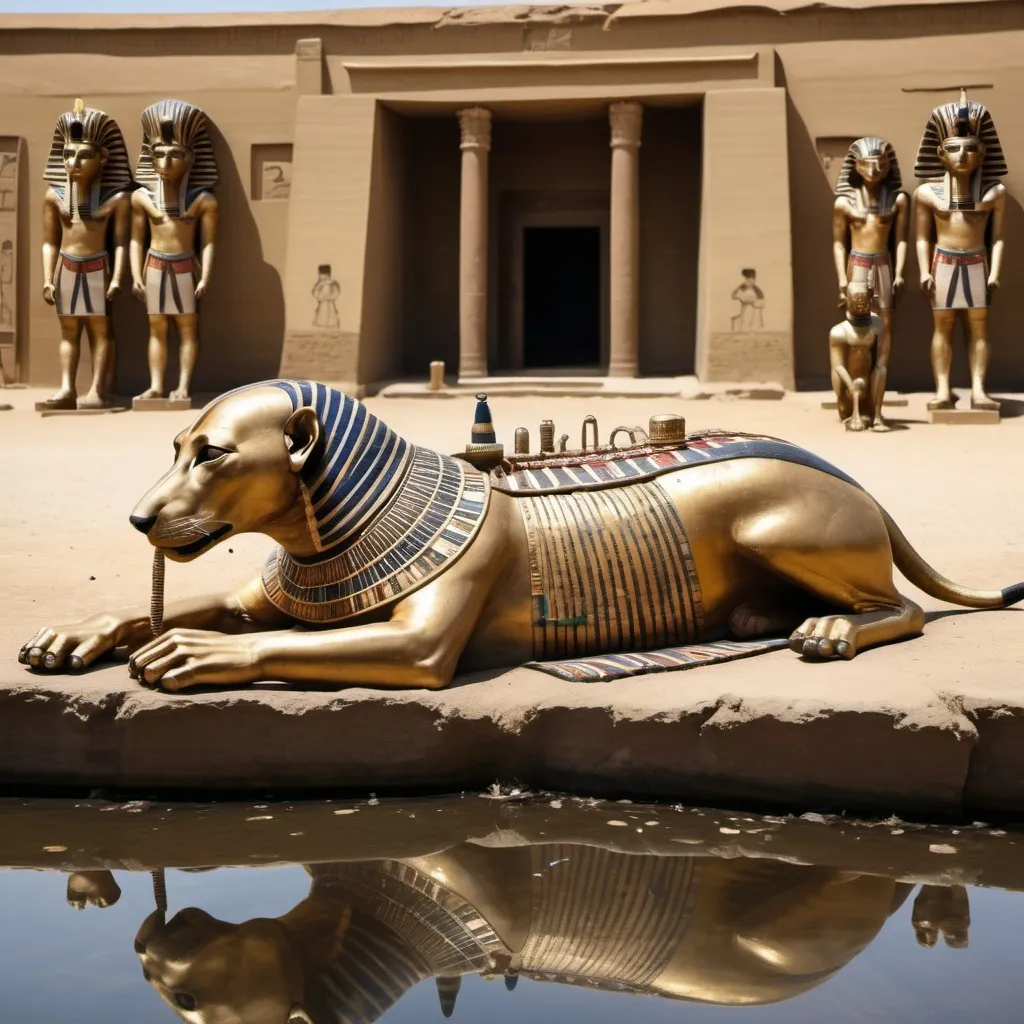 Prompt: The boy king Tutunkhamun lying on his stomach, drinking water from a pond, 2 armed bodyguards  at his rear side with his royal hound
 super realism Ndebele renditions