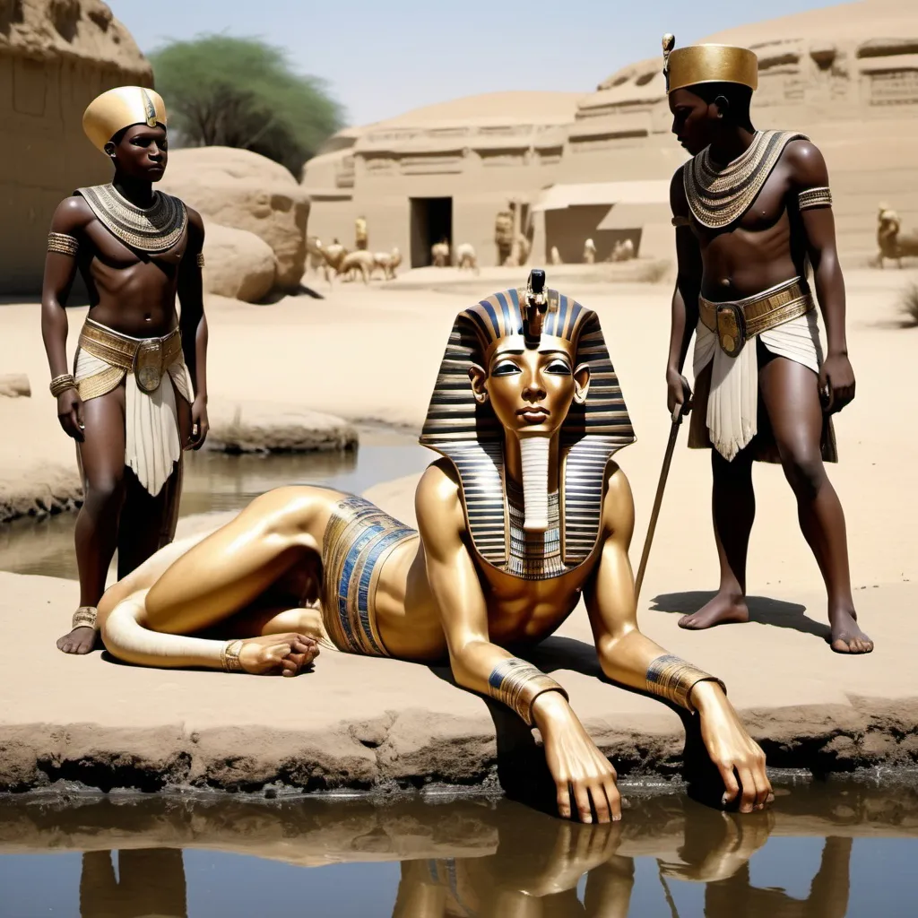 Prompt: The boy king Tutunkhamun lying on his stomach, drinking water from a pond, 2 armed bodyguards  at his rear side with his royal hound great dame,
 super realism Zulu renditions