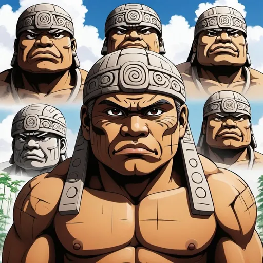 Prompt: Japanese Anime, olmec renditions