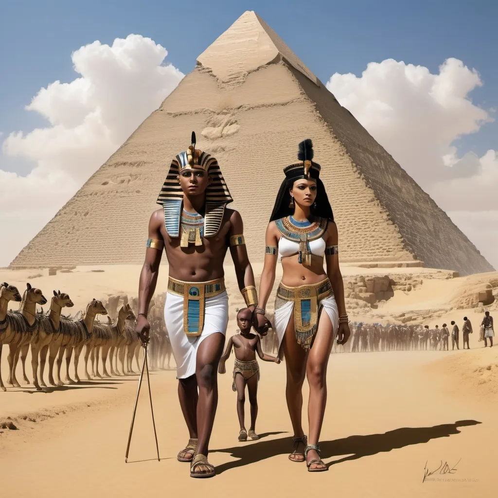 Prompt: The boy king Tutunkhamun and his queen Ankhsuamun at the pyramids and sphinx, escorted by officials, super realism 
Zulu  renditions