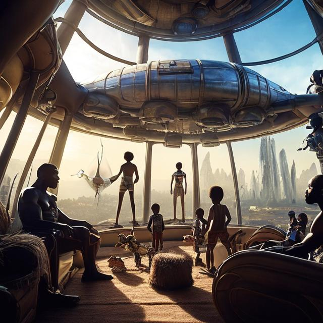 Prompt: A Zulu men with his children inside an airship Zulu hut house, in a future times, with Zulu design ai and AGI robots, they are looking outside the large Windows of the 27 storey flat watching flying  car's traffic through tall buildings, futuristic earth civilization  scenes super realism masterpieces, utopia year 2035