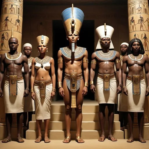 Prompt: The boy king Tutunkhamun and his queen Ankhsuamun at their court, surrounded by officials, super realism Zulu renditions