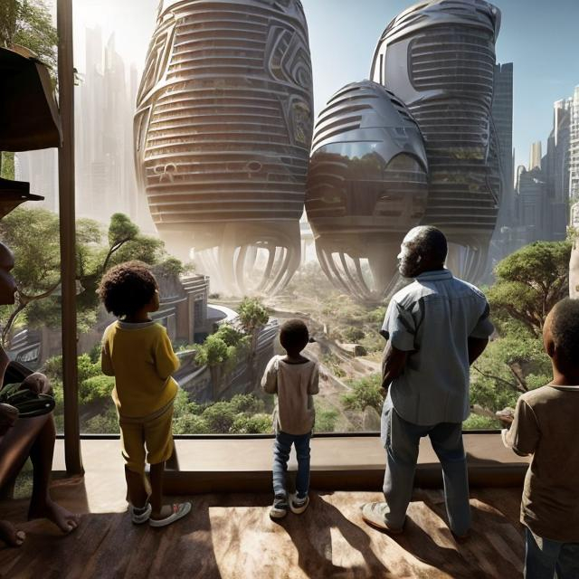 Prompt: A middle aged Zulu men with his grand children inside their house, in a future times, they are looking outside the large Windows of the 27 storey flat, watching flying  car's traffic through tall buildings, futuristic scenes super realism masterpieces, utopia year 2035