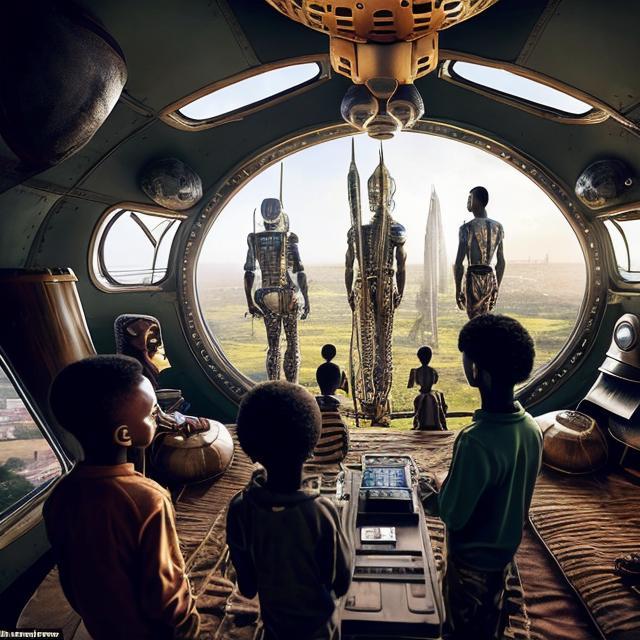 Prompt: A Zulu men with his children inside an airship Zulu hut house, in a future times, with Zulu design ai and AGI robots, they are looking outside the large Windows of the 27 storey flat watching flying  car's traffic through tall buildings, futuristic earth civilization  scenes super realism masterpieces, utopia year 2035