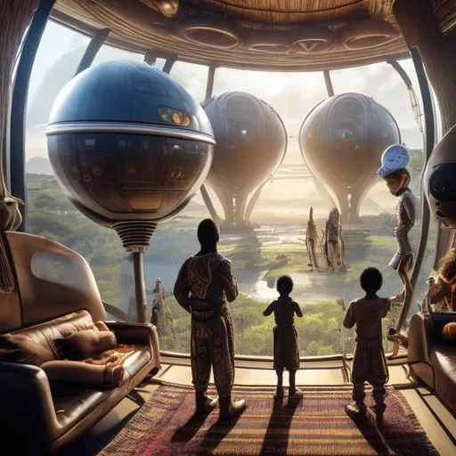 Prompt: A Zulu men with his children inside an airship Zulu hut house, in a future times, with Zulu design ai and AGI robots, they are looking outside the large Windows of the 27 storey flat watching flying  car's traffic through tall buildings, futuristic earth scenes super realism masterpieces, utopia year 2035