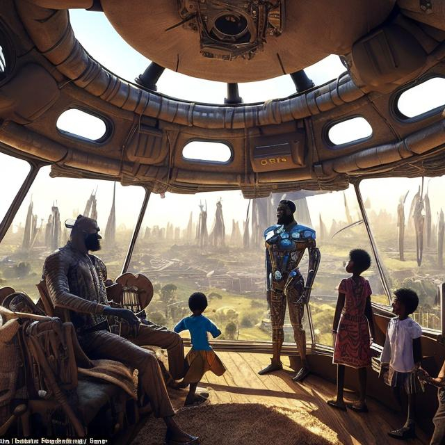 Prompt: A Zulu men with his children in different situation setting, inside an airship Zulu hut house, in a future times, with Zulu design ai and AGI robots, they are looking outside the large Windows of the 27 storey flat watching flying  car's traffic through tall buildings, futuristic earth civilization  scenes super realism masterpieces, utopia year 2035