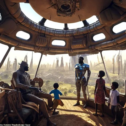 Prompt: A Zulu men with his children in different situation setting, inside an airship Zulu hut house, in a future times, with Zulu design ai and AGI robots, they are looking outside the large Windows of the 27 storey flat watching flying  car's traffic through tall buildings, futuristic earth civilization  scenes super realism masterpieces, utopia year 2035