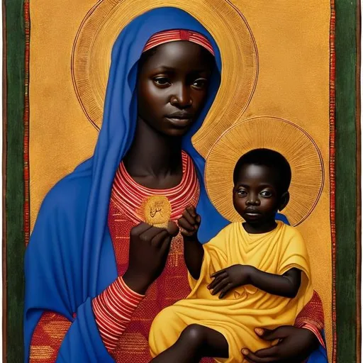 Prompt: The Virgin and Child Massai rendition, super realism