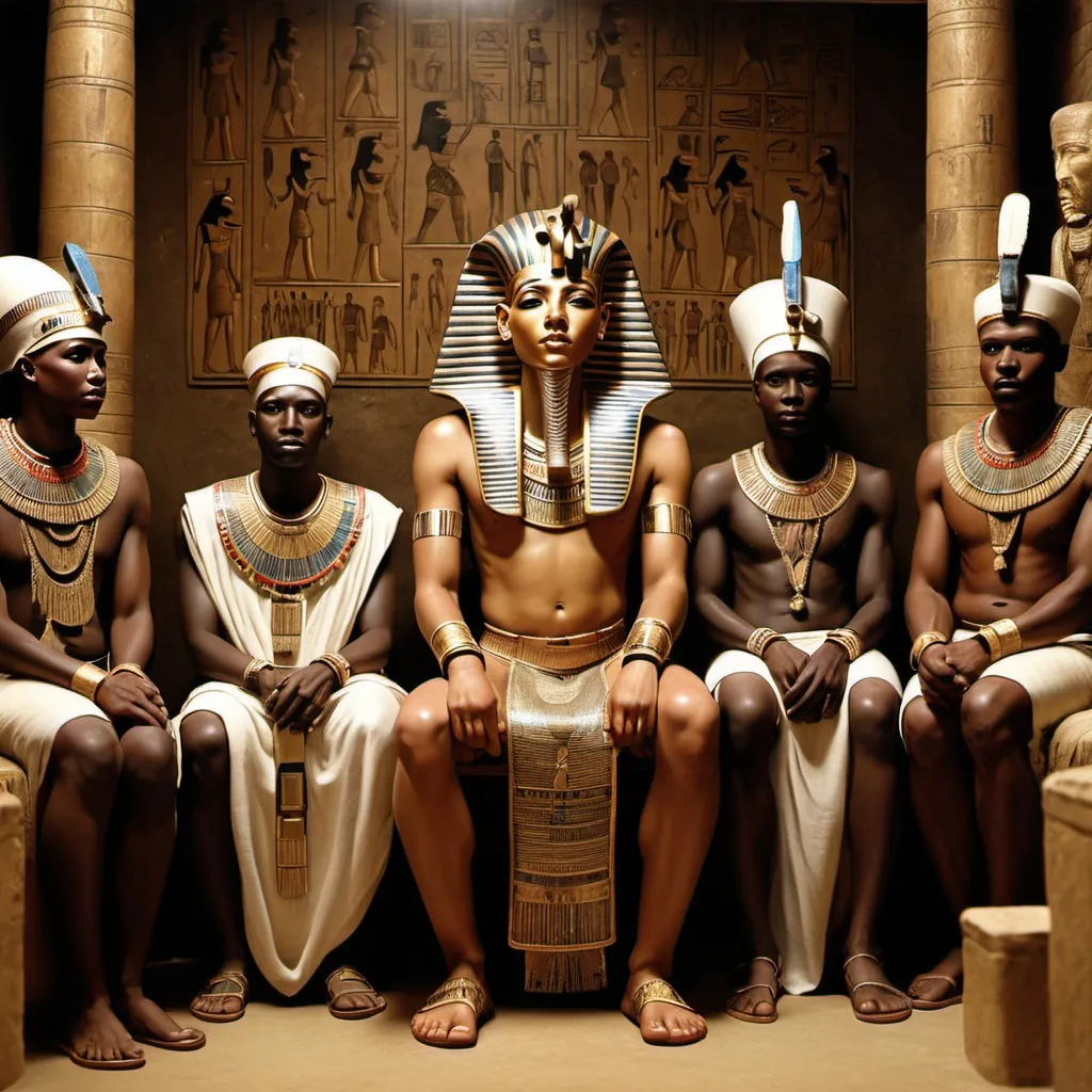 Prompt: The boy king Tutunkhamun and his queen Ankhsuamun at their court, surrounded by officials, super realism Zulu renditions