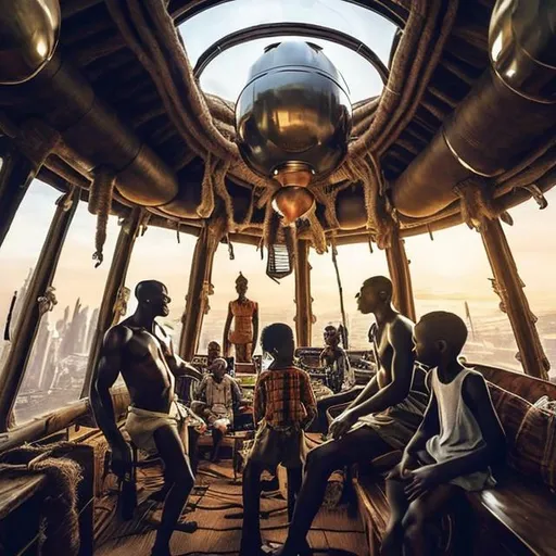 Prompt: A Zulu men with his children inside an airship Zulu hut house, in a future times, with Zulu design ai robots they are looking outside the large Windows of the 27 storey flat watching flying  car's traffic through tall buildings, futuristic earth scenes super realism masterpieces, utopia year 2035