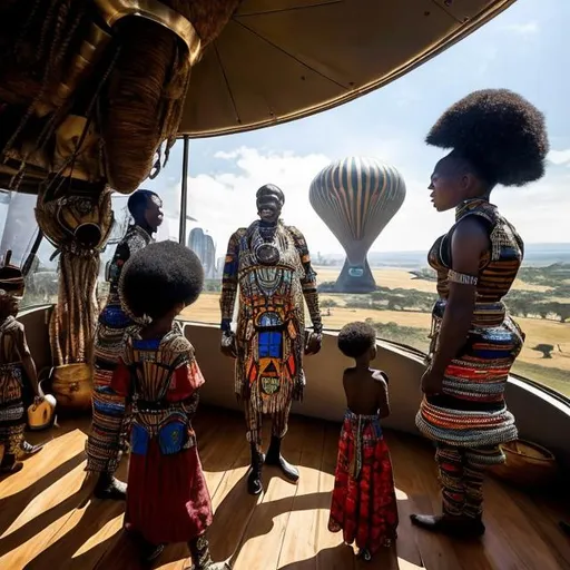 Prompt: A Zulu men with his children inside an airship Zulu hut house, in a future times, with Esther Mahlangu design ai robots they are looking outside the large Windows of the 27 storey flat watching flying car's traffic through tall buildings, futuristic earth scenes super realism masterpieces, utopia year 2035