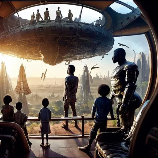 Prompt: A Zulu men with his children in different situation setting, inside an airship Zulu hut house, in a future times, with Zulu design ai and AGI robots, they are looking outside the large Windows of the 27 storey flat watching flying  car's traffic through tall buildings, futuristic earth civilization  scenes super realism masterpieces, utopia year 2035