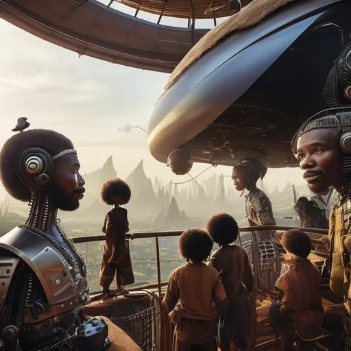 Prompt: A Zulu men with his children inside an airship Zulu hut house, in a future times, with Zulu design ai and AGI robots, they are looking outside the large Windows of the 27 storey flat watching flying  car's traffic through tall buildings, futuristic earth scenes super realism masterpieces, utopia year 2035