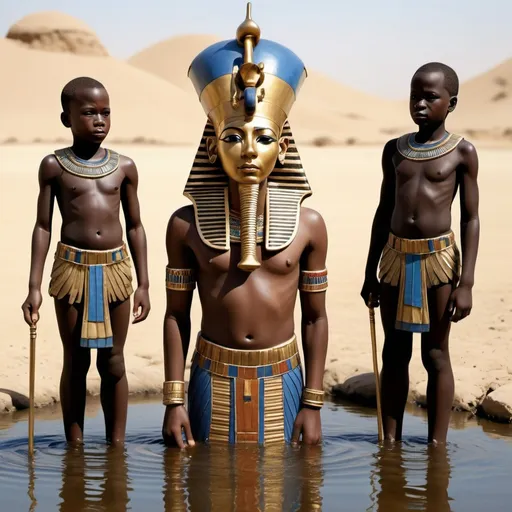 Prompt: The boy king Tutunkhamun drinking from a pond, 2 bodyguards stand by his sides, super realism Zulu renditions