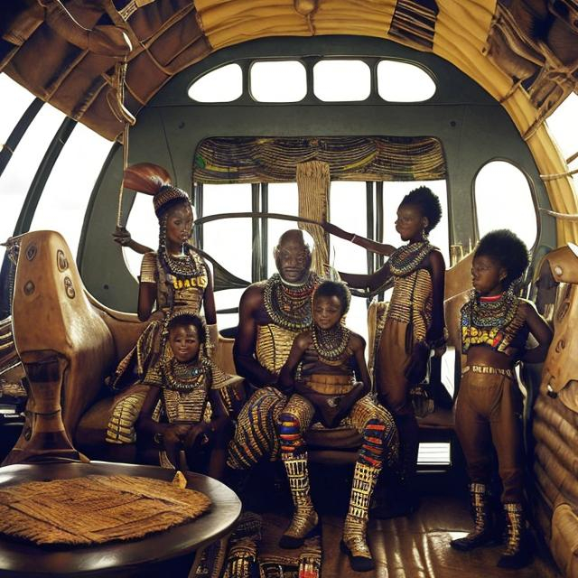 Prompt: A Zulu men with his children inside an airship Zulu hut house, in a future times, with Esther Mahlangu design ai robots they are looking outside the large Windows of the 27 storey flat watching flying car's traffic through tall buildings, futuristic earth scenes super realism masterpieces, utopia year 2035