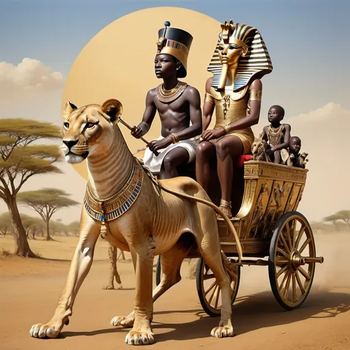 Prompt: The boy king Tutunkhamun on his golden chariot and his great dame, hunting lions and giraffes, super realism Zulu rendition