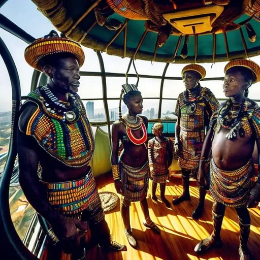 Prompt: A Zulu men with his children inside an airship Zulu hut house, in a future times, with Esther Mahlangu design ai robots they are looking outside the large Windows of the 27 storey flat watching flying car's traffic through tall buildings, futuristic earth scenes super realism masterpieces, utopia year 2035