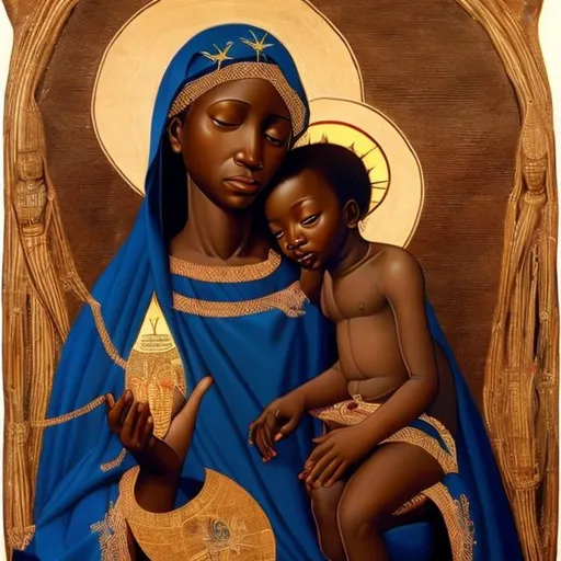 Prompt: The Virgin and Child Massai rendition, super realism