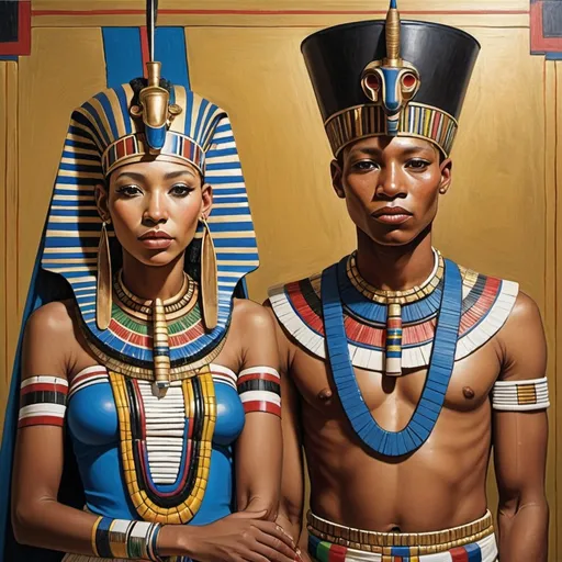 Prompt: The wedding ceremony of the boy king Tutunkhamun and the young queen Ankhsuamun, super realism Esther Mahlangu renditions