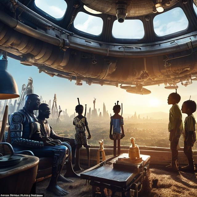 Prompt: A Zulu men with his children in different situation setting, inside an airship Zulu hut house, in a future times, with Zulu design ai and AGI robots, they are looking outside the large Windows of the 27 storey flat watching flying  car's traffic through tall buildings, futuristic earth civilization  scenes super realism masterpieces, utopia year 2035