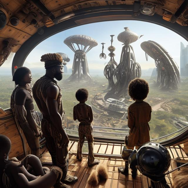 Prompt: A Zulu men with his children in different situation setting, inside an airship Zulu hut house, in a future times, with Zulu design ai and AGI robots, they are looking outside the large Windows of the 27 storey flat watching flying  car's traffic through tall buildings, futuristic earth civilization  scenes super realism masterpieces, utopia year 2035