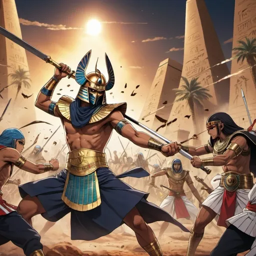 Prompt: Anime  characters in an epic battle scenes fighting enemies, Egyptian renditions