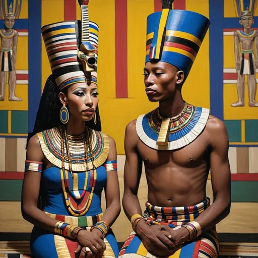 Prompt: The wedding celebration of the boy king Tutunkhamun and the young queen Ankhsuamun, super realism Esther Mahlangu renditions