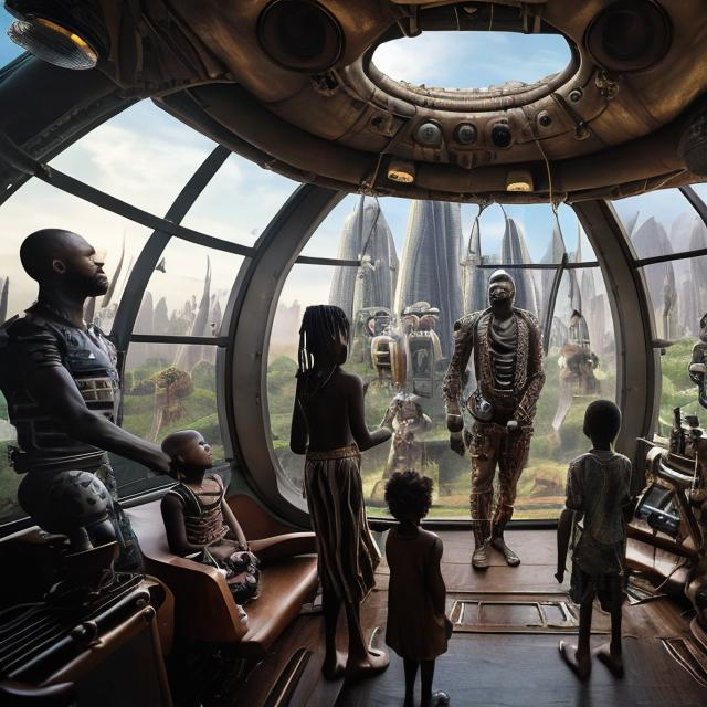 Prompt: A Zulu men with his children in different situation setting, inside an airship Zulu hut house, in a future times, with Zulu design ai and AGI robots, they are looking outside the large Windows of the 27 storey flat watching flying  car's traffic through tall buildings, futuristic earth civilization  scenes super realism masterpieces, utopia year 2035