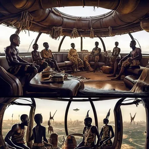 Prompt: A Zulu men with his children inside an airship Zulu hut house, in a future times, with Zulu design ai robots they are looking outside the large Windows of the 27 storey flat watching flying  car's traffic through tall buildings, futuristic earth scenes super realism masterpieces, utopia year 2035