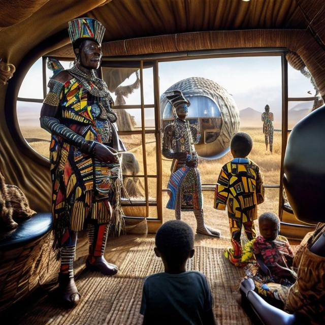 Prompt: A Zulu men with his children inside an airship Zulu hut house, in a future times, with Esther Mahlangu design ai robots they are looking outside the large Windows of the 27 storey flat watching flying car's traffic through tall buildings, futuristic earth scenes super realism masterpieces, utopia year 2035