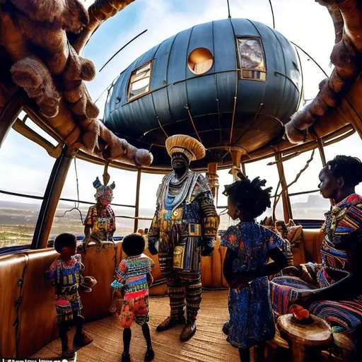 Prompt: A Zulu men with his children inside an airship Zulu hut house, in a future times, with Esther Mahlangu design ai robots they are looking outside the large Windows of the 27 storey flat watching flying car's traffic through tall buildings, futuristic earth scenes super realism masterpieces, utopia year 2035