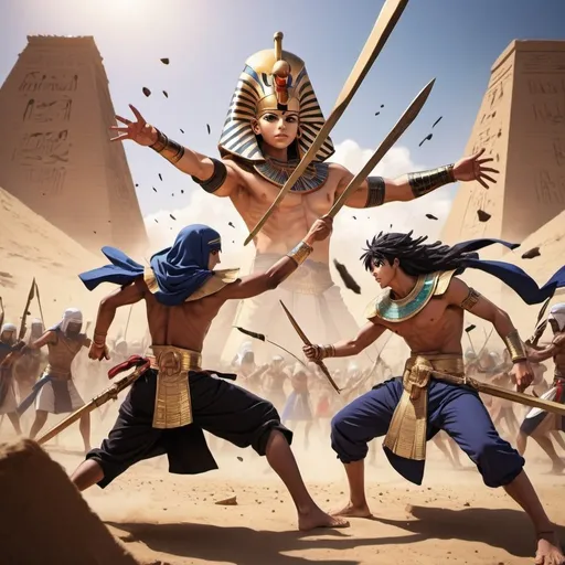 Prompt: Anime  characters in an epic battle scenes fighting enemies, Egyptian renditions