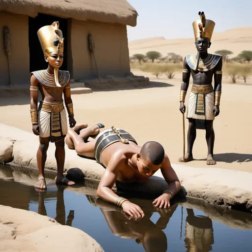 Prompt: The boy king Tutunkhamun lying on his stomach, drinking water from a pond, 2 armed bodyguards  at his rear side, super realism Zulu renditions