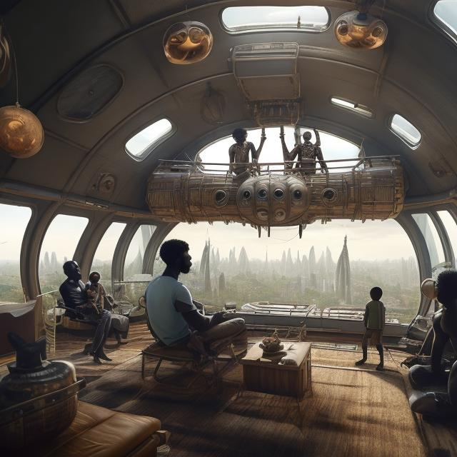 Prompt: A Zulu men with his children inside an airship Zulu hut house, in a future times, with Zulu design ai and AGI robots, they are looking outside the large Windows of the 27 storey flat watching flying  car's traffic through tall buildings, futuristic earth scenes super realism masterpieces, utopia year 2035