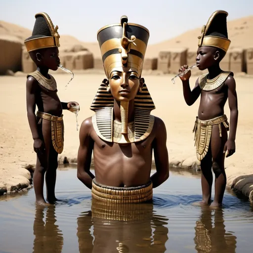 Prompt: The boy king Tutunkhamun drinking from a pond, 2 bodyguards stand by his sides, super realism Zulu renditions