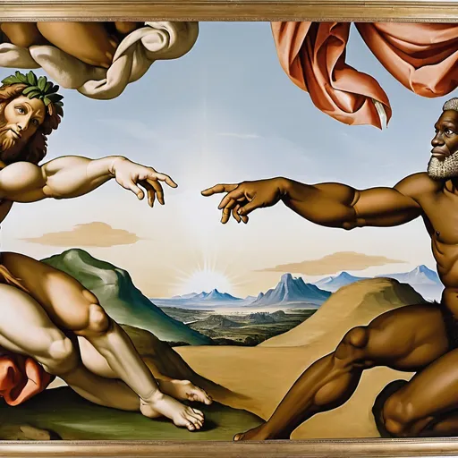 Prompt: Michael Angelo, The Creation of Adam,
 super realism Zulu renditions