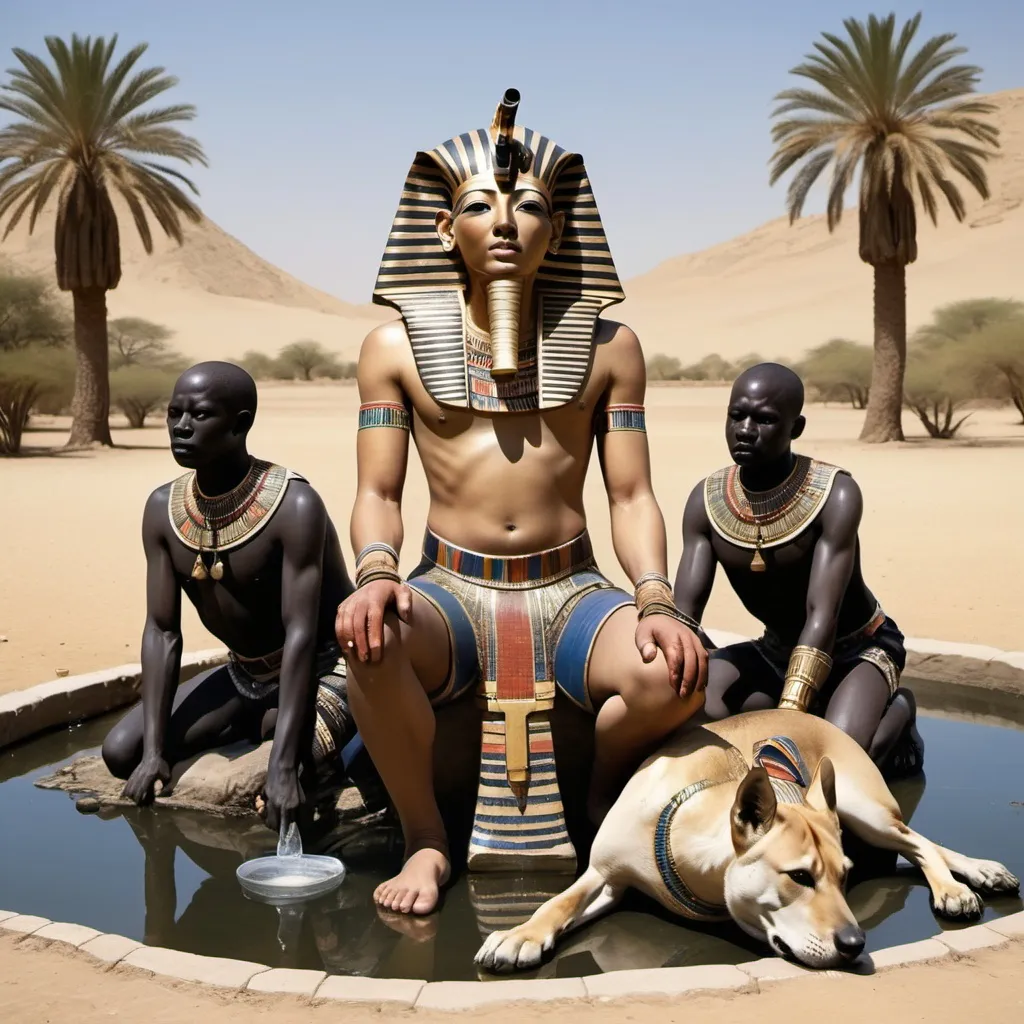 Prompt: The boy king Tutunkhamun lying on his stomach, drinking water from a pond, 2 armed bodyguards  at his rear side with his royal hound great dame,
 super realism Ndebele renditions