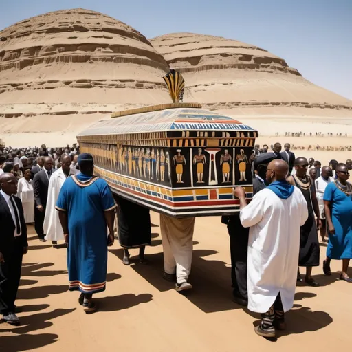 Prompt: The funeral procession with the sarcophagus of king Tutunkhamun, super realism Ndebele renditions
